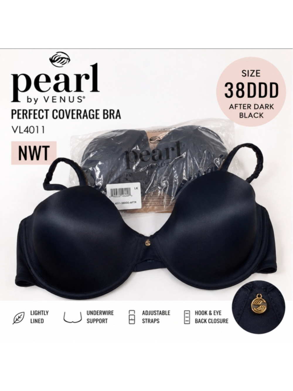 NWT Pearl by Venus Perfect Coverage Bra, Black, 38DDD (38E)